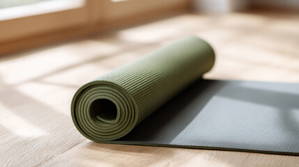 Close-up of a rolled green yoga mat on wooden floor with natural sunlight and shadows in a calm indoor setting