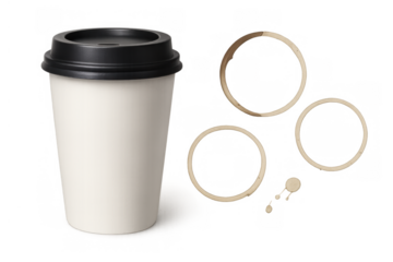 Disposable coffee cup with black lid and coffee ring stains, takeaway beverage concept, transparent background