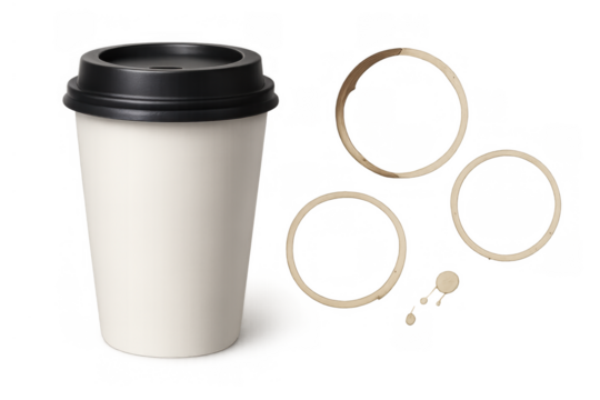 Disposable coffee cup with black lid and coffee ring stains, takeaway beverage concept, transparent background - Powered by Adobe