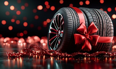 New car tires presented as a festive gift, wrapped with a red ribbon and bow, set against a background of red bokeh lights