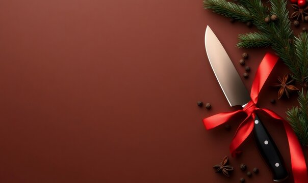 Chef knife wrapped with a red ribbon and evergreen branches, decorating a dark red background. Concept of festive cooking and gifts