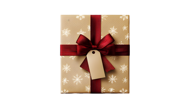 Gift box wrapped in brown paper with red ribbon and snowflakes isolated on transparent background