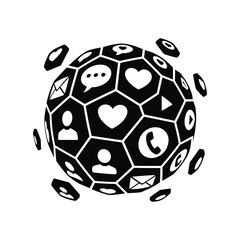 Obraz premium Social Media Sphere Icon with Communication, Chat, Heart, User and Message Symbols