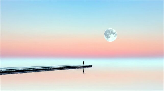 A solitary person stands on a pier extending into a tranquil body of water, silhouetted against a vibrant pastel sunset sky with a large full moon.