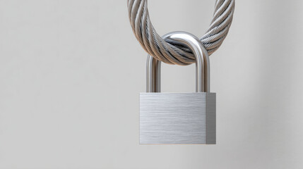 Close-up of a silver padlock securing a twisted steel cable against a plain light gray background symbolizing security and protection