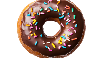 Delicious chocolate donut with colorful sprinkles isolated on transparent background, a tempting treat for any occasion
