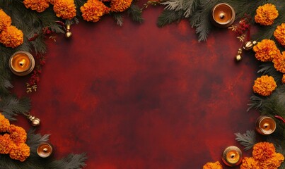 Festive arrangement combining marigolds, evergreen branches, and traditional indian oil lamps on a rich red surface