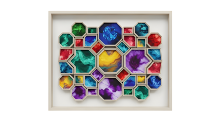 Colorful abstract geometric art framed on wall isolated PNG with Transparent Background
