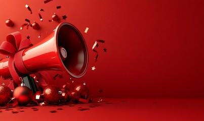 Red megaphone tied with a festive ribbon, celebrating a christmas or new year's announcement with scattered ornaments and confetti