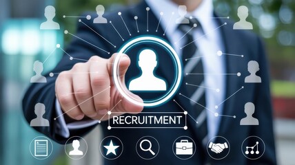Business professional interacts with a digital interface focused on talent acquisition and human resources management