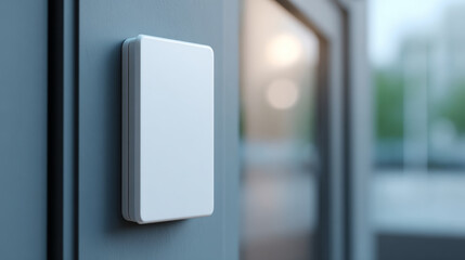 Close-up of a modern white access control card reader mounted on a gray wall near a glass door in an or commercial building entrance