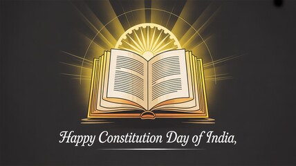 Happy Constitution Day of India – glowing open book, golden Ashoka Chakra rays, black background, message in elegant cursive