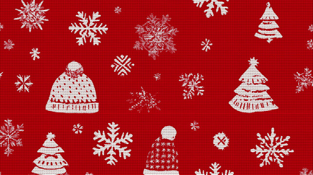Seamless red and white pattern with snowflakes, hats, and Christmas trees.