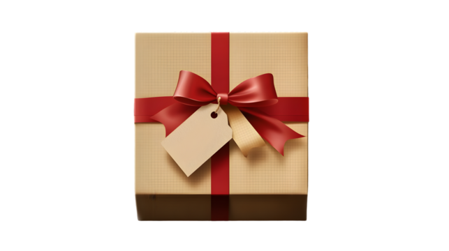 Gift box wrapped in brown paper with red ribbon and tag isolated on transparent background