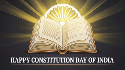 Happy Constitution Day of India – glowing open book, golden Ashoka Chakra rays, black background, message in elegant cursive