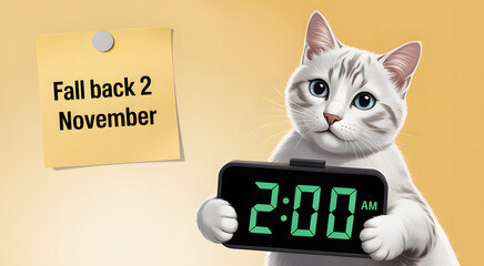 Cat and Time Change Reminder: A charming cat holding a clock, reminding the viewer about the time change, highlighting the phrase Fall back 2 November.