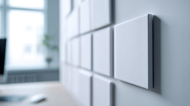 Close-up of modern white acoustic panels arranged in a grid pattern on wall with blurred background