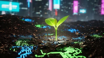 Futuristic synthesis of nature and digital innovation, showcasing a glowing seedling sprouting from electronic soil against a cyber city background