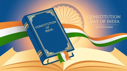 Constitution Day of India – blue book, orange curtains, tricolor ribbon, and Ashoka Chakra celebrating November 26 