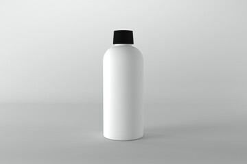 Minimalist white cosmetic bottle with black cap for product mockup on clean gray background