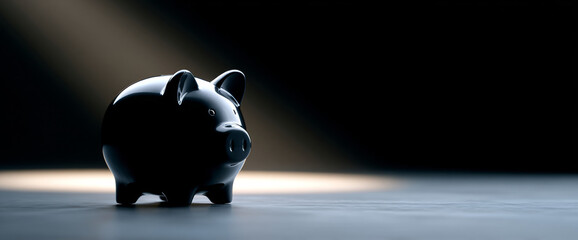 Glossy black piggy bank illuminated by a focused beam of light on a smooth surface with dark background, symbolizing savings and financial security
