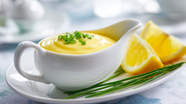 Creamy Hollandaise Sauce in White Gravy Boat with Lemon Slices and Fresh Chives