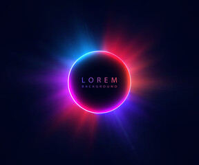 A neon glowing sphere with bright radial rays of colorful light against a dark background. A futuristic glowing element for overlays, abstract compositions, and modern illustrations.