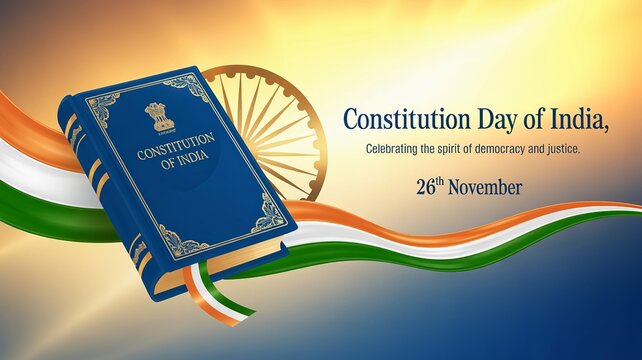 Constitution Day of India – blue constitution book, tricolor ribbon, Ashoka Chakra and golden sunrise, November 26 celebration - Powered by Adobe