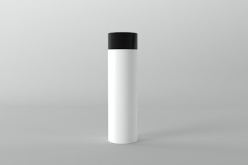 Minimalist product mockup of a white cosmetic bottle with a black cap on a gray backdrop, ready to be branded.