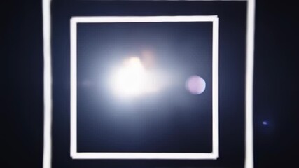 White rectangular and vertical lines frame a bright, blurred light source emitting from a dark area - Powered by Adobe