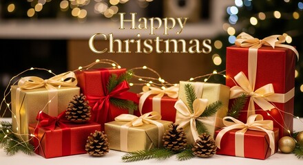 Luxury Red and Gold Christmas Gifts with Pine Cones and Fairy Lights