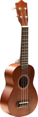 Obraz premium Ukulele angled left view showing neck frets and curved wooden body on transparent background. Concept of instrument shops, learning materials, branding for music schools and hobby communities.