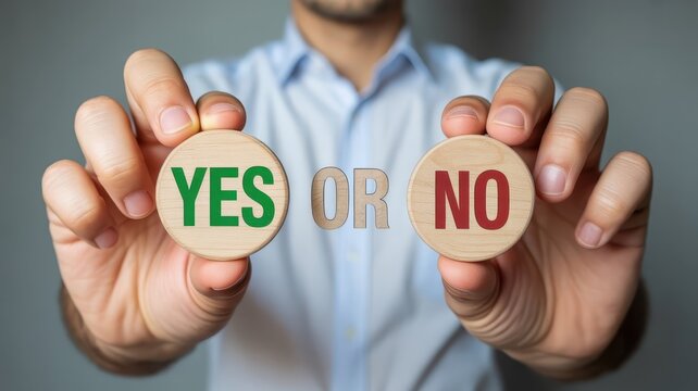 Person presenting wooden tokens displaying affirmation and negation options