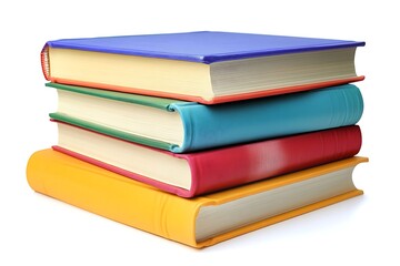 Stack of four vibrant hardcover books on a white background, symbolizing learning, wisdom, and academic success