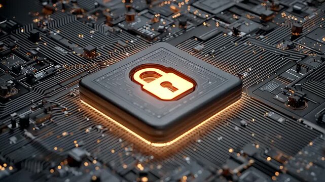 Digital circuit board featuring a central padlock symbolizing cybersecurity and data protection - Powered by Adobe