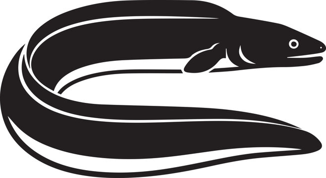 Black silhouette of a curled eel on a white background