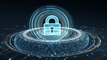Digital lock symbolizing cybersecurity surrounded by glowing data particles in a futuristic setting - Powered by Adobe