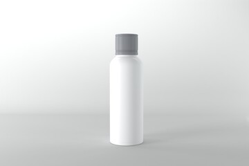 Minimalist white spray bottle mockup with gray cap for cosmetic or product branding design