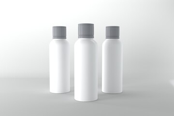 Minimalist white product bottles with gray caps for cosmetic branding or product design mockups