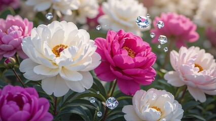Blooming peony flowers in white and pink shades with sparkling diamond water drops, close-up in garden