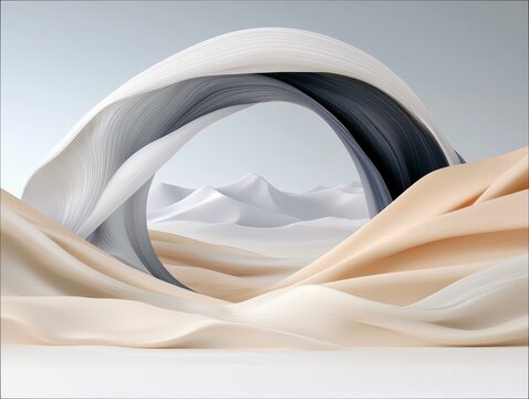 A surreal, abstract landscape featuring flowing, draped fabric forming an archway over rolling sand dunes under a soft, gradient sky. - Powered by Adobe