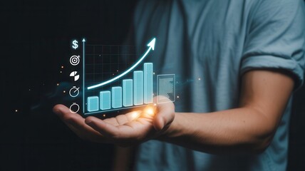 Person displaying holographic financial progress chart rising above open palm
