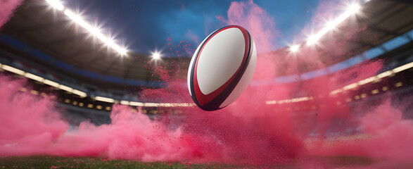 Rugby Ball in Stadium: A rugby ball levitates in mid-air amidst a cloud of vibrant pink smoke inside a grand stadium, a spectacle of athleticism and intense competition.