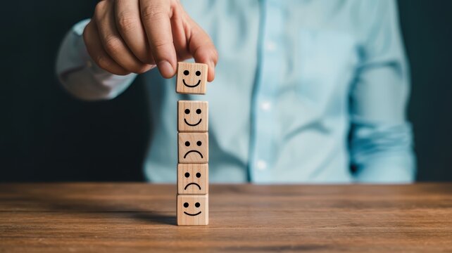 Person stacks wooden blocks featuring varying facial expressions to demonstrate satisfaction rating