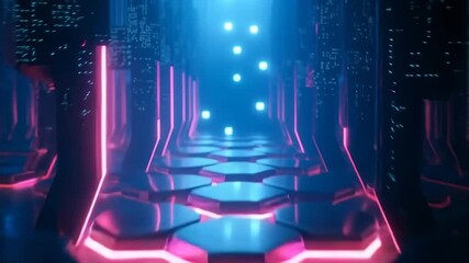 Futuristic tunnel with neon lights and hexagonal floor, creating a sense of depth and technological advancement in a vibrant color palette 4k video - Powered by Adobe