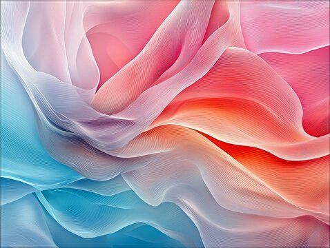 A close-up abstract view of flowing, layered fabric textures in soft pastel shades of blue, pink, and orange, with subtle parallel lines creating a sense of dep