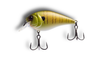 Crankbait for freshwater fishing with two treble hooks and shadow behind