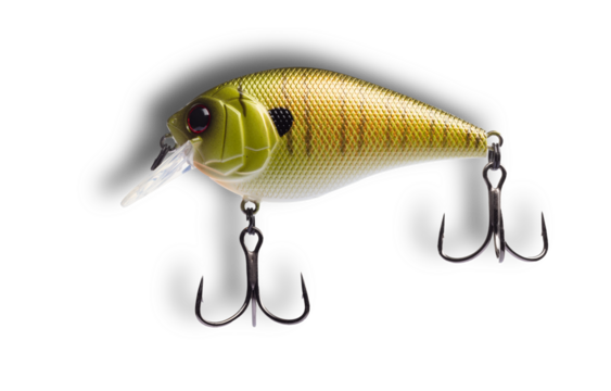 Crankbait for freshwater fishing with two treble hooks and shadow behind