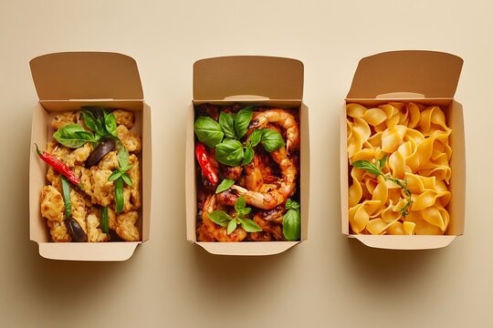 Takeaway food service showing three recyclable cardboard boxes filled with different meals, including shrimp, pasta, and chicken