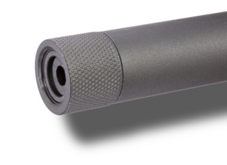 Shadow below the muzzle end of a rifle that is wearing a thread protector